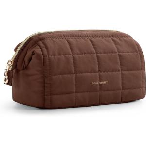 BAGSMART Makeup Bag Travel Toiletry Bag, Puffy Padded Make Up Bags for Women Makeup Organizer Case, Wide-open Pouch Purse Travel Essentials Toiletries Accessories Brushes, Pink(13-Chocolate)