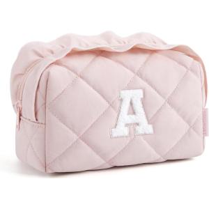 BAGSMART Small Makeup Bag, Travel Cosmetic Bag Make Up Pouch Small Travel Zipper Pouch,Water-resistant Toiletry Bag,Makeup Organizer Bag for Women, Black(03-Initial-A-Pink)