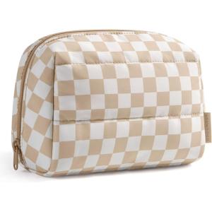 BAGSMART Small Makeup Bag, Travel Cosmetic Bag Make Up Pouch Small Travel Zipper Pouch,Water-resistant Toiletry Bag,Makeup Organizer Bag for Women, Black(Khaki Checkered)