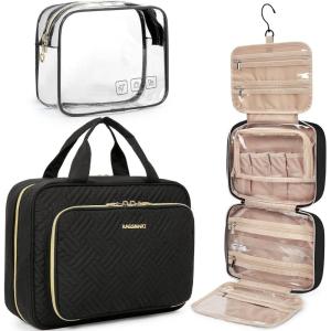 BAGSMART Toiletry Bag Hanging Travel Makeup Organizer with TSA Approved Transparent Cosmetic Bag Makeup Bag for Full Sized Toiletries, Large-Blck(Black)