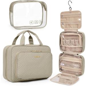 BAGSMART Toiletry Bag Hanging Travel Makeup Organizer with TSA Approved Transparent Cosmetic Bag Makeup Bag for Full Sized Toiletries, Large-Blck(Camel)