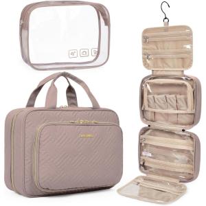 BAGSMART Toiletry Bag Hanging Travel Makeup Organizer with TSA Approved Transparent Cosmetic Bag Makeup Bag for Full Sized Toiletries, Large-Blck(Dark Purple)
