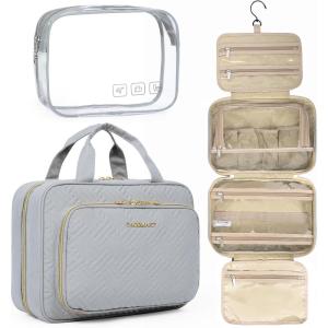 BAGSMART Toiletry Bag Hanging Travel Makeup Organizer with TSA Approved Transparent Cosmetic Bag Makeup Bag for Full Sized Toiletries, Large-Blck(Grey)