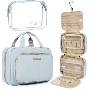 BAGSMART Toiletry Bag Hanging Travel Makeup Organizer with TSA Approved Transparent Cosmetic Bag Makeup Bag for Full Sized Toiletries, Large-Blck(Light Blue)