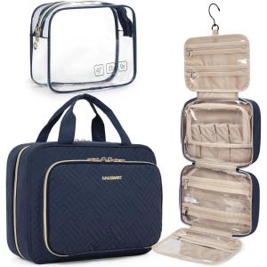 BAGSMART Toiletry Bag Hanging Travel Makeup Organizer with TSA Approved Transparent Cosmetic Bag Makeup Bag for Full Sized Toiletries, Large-Blck(Navy)