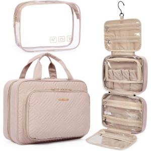 BAGSMART Toiletry Bag Hanging Travel Makeup Organizer with TSA Approved Transparent Cosmetic Bag Makeup Bag for Full Sized Toiletries, Large-Blck(Pink)