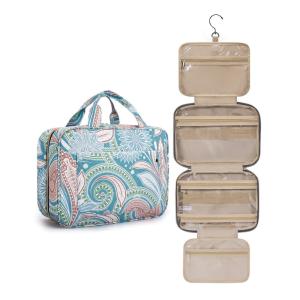 BAGSMART Toiletry Bag Travel Bag with Hanging Hook, Water-resistant Makeup Cosmetic Bag Travel Organizer for Accessories, Shampoo, Full Sized Container, Toiletries, Large-Blue(Green Paisley)