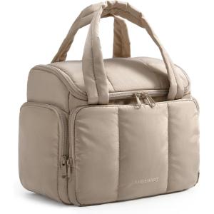 BAGSMART Toiletry Bag for Women with Dual-Padded Handles, Puffy Lightweight Makeup Bag for Makeup Accessories, Brushes Set, Travel-Sized Container, Camel(Light Camel)