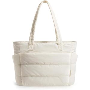 BAGSMART Tote Bag for Women, Lightweight Puffy Tote Bag with Compartments Shoulder Bag Handbag for Travel, Work, Gym(Beige)