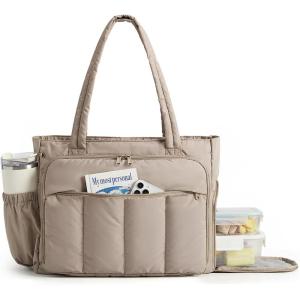 BAGSMART Tote Bag for Women, Teacher Tote with Insulated Compartment, Large Puffer Work Tote Handbags for Work(Brown)