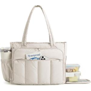 BAGSMART Tote Bag for Women, Teacher Tote with Insulated Compartment, Large Puffer Work Tote Handbags for Work(Dark Beige)