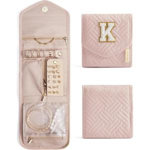 BAGSMART Travel Jewelry Organizer Case Foldable Small Jewelry Roll for Journey Rings, Necklaces, Earrings, Bracelets,Mini,Soft Pink(Pink-K)