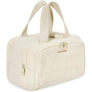BAGSMART Travel Toiletry Bag, Lightweight Large Wide-open Travel Bag for Women, Puffy Cosmetic Makeup Bag Organizer with Handle for Accessories,Essentials, Toiletries, Black(d-Beige)