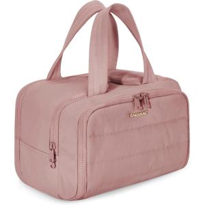 BAGSMART Travel Toiletry Bag, Lightweight Large Wide-open Travel Bag for Women, Puffy Cosmetic Makeup Bag Organizer with Handle for Accessories,Essentials, Toiletries, Black(Dark Pink)