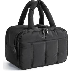 BAGSMART Travel Toiletry Bag, Puffy Large Toiletry Bag for Women, Lightweight Cosmetic Makeup Bag Organizer with Handle for Traveling, Accessories, Essentials, Toiletries (Green)(B-Black)