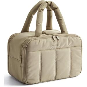 BAGSMART Travel Toiletry Bag, Puffy Large Toiletry Bag for Women, Lightweight Cosmetic Makeup Bag Organizer with Handle for Traveling, Accessories, Essentials, Toiletries (Green)(D-Light Camel)