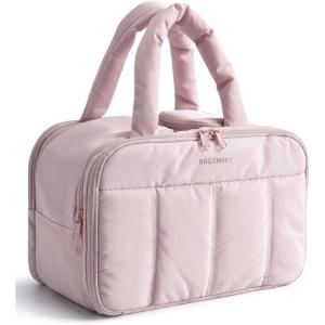 BAGSMART Travel Toiletry Bag, Puffy Large Toiletry Bag for Women, Lightweight Cosmetic Makeup Bag Organizer with Handle for Traveling, Accessories, Essentials, Toiletries (Green)(F-Light Pink)