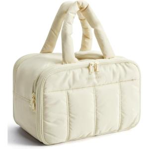 BAGSMART Travel Toiletry Bag, Puffy Large Toiletry Bag for Women, Lightweight Cosmetic Makeup Bag Organizer with Handle for Traveling, Accessories, Essentials, Toiletries (Green)(C-Beige)