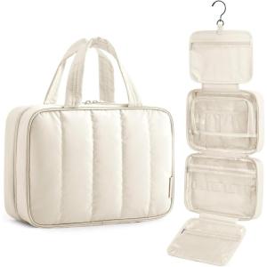 BAGSMART Travel Toiletry Bag for women, Portable Hanging Hook Makeup Bag Organizer, Waterproof Makeup Cosmetic Bag, for Full-Size Accessories, Toiletries, Camel(Beige)