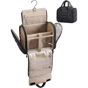 BAGSMART Travel Toiletry Bag with Removable Partition, Puffy Water-resistant Fabric Hanging Organizer for Full-Size Toiletries, Accessories, Black(Black)