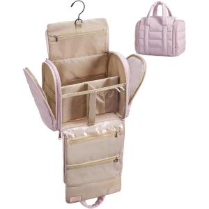 BAGSMART Travel Toiletry Bag with Removable Partition, Puffy Water-resistant Fabric Hanging Organizer for Full-Size Toiletries, Accessories, Black(Nude Pink)