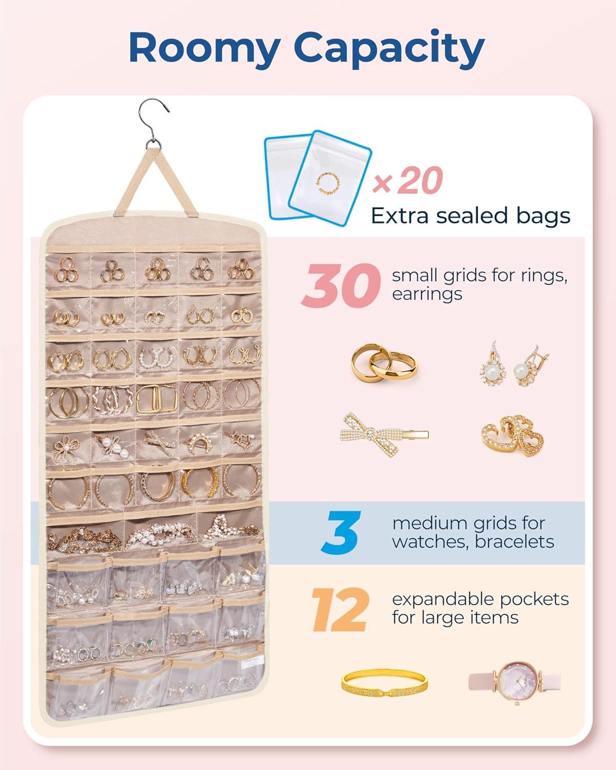 image:imageBAGSMART Hanging Jewelry Organizer Necklace Holder Antitangle Earrings Rings Hanger with 20 Jewelry Bags Travel Storage Roll with Pockets Hang on Closet Wall Door1 Piece Large BlackBeige