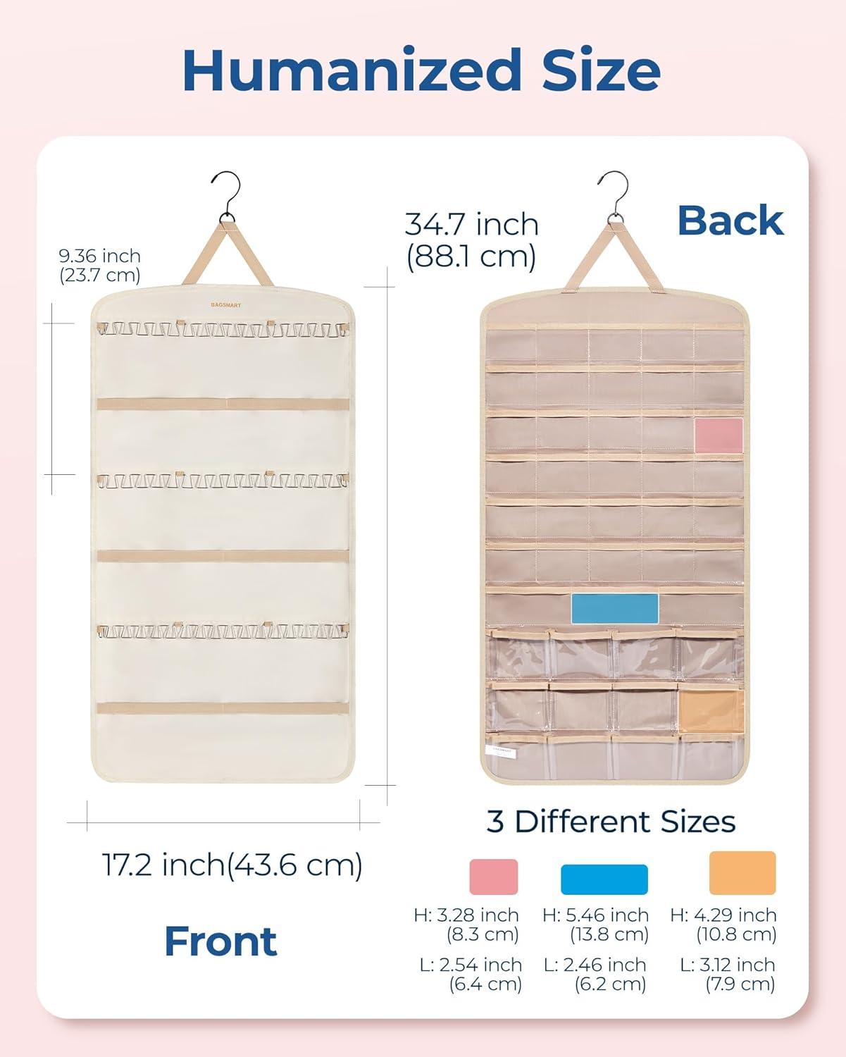 image:imageBAGSMART Hanging Jewelry Organizer Necklace Holder Antitangle Earrings Rings Hanger with 20 Jewelry Bags Travel Storage Roll with Pockets Hang on Closet Wall Door1 Piece Large BlackBeige