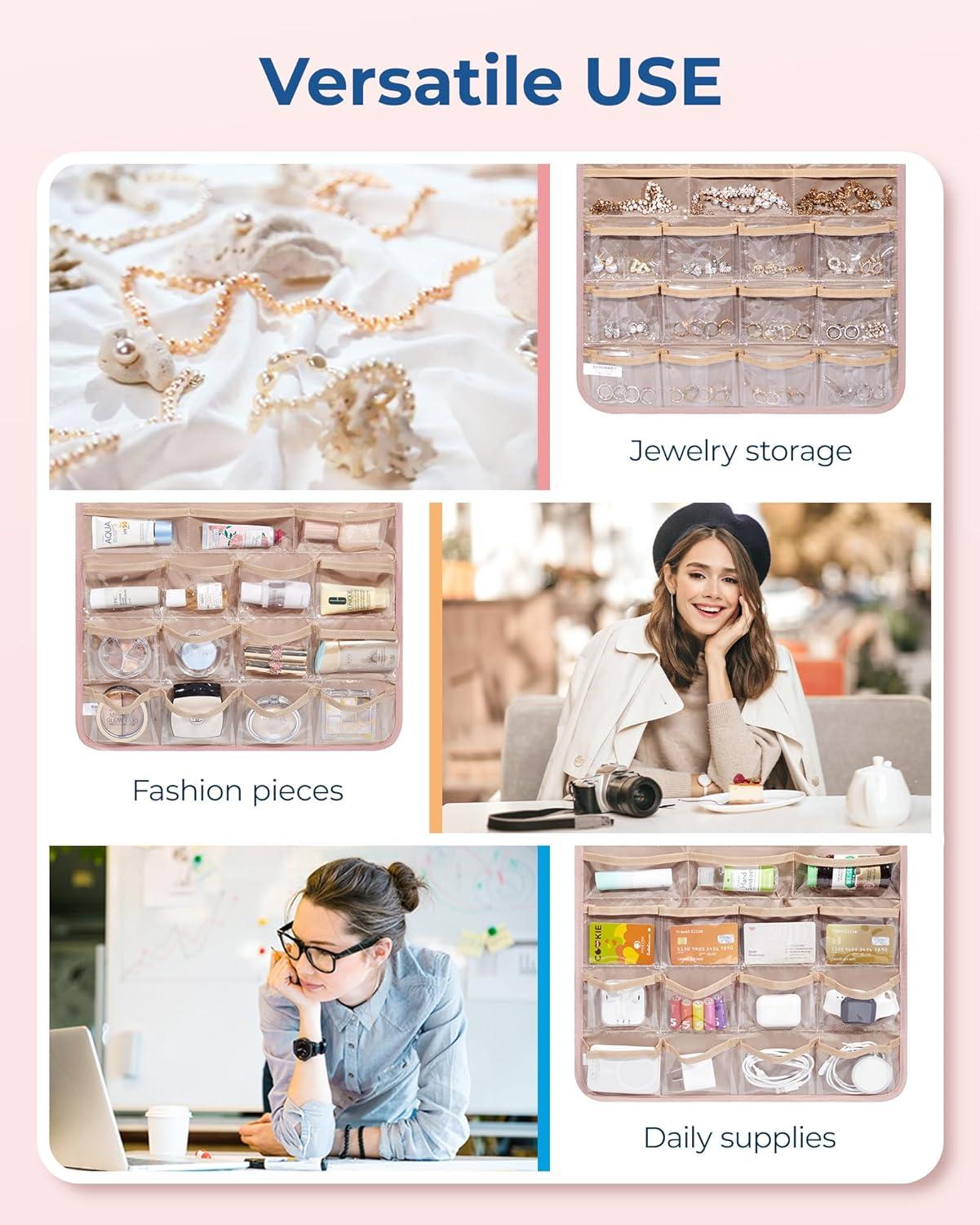 image:imageBAGSMART Hanging Jewelry Organizer Necklace Holder Antitangle Earrings Rings Hanger with 20 Jewelry Bags Travel Storage Roll with Pockets Hang on Closet Wall Door1 Piece Large BlackPink