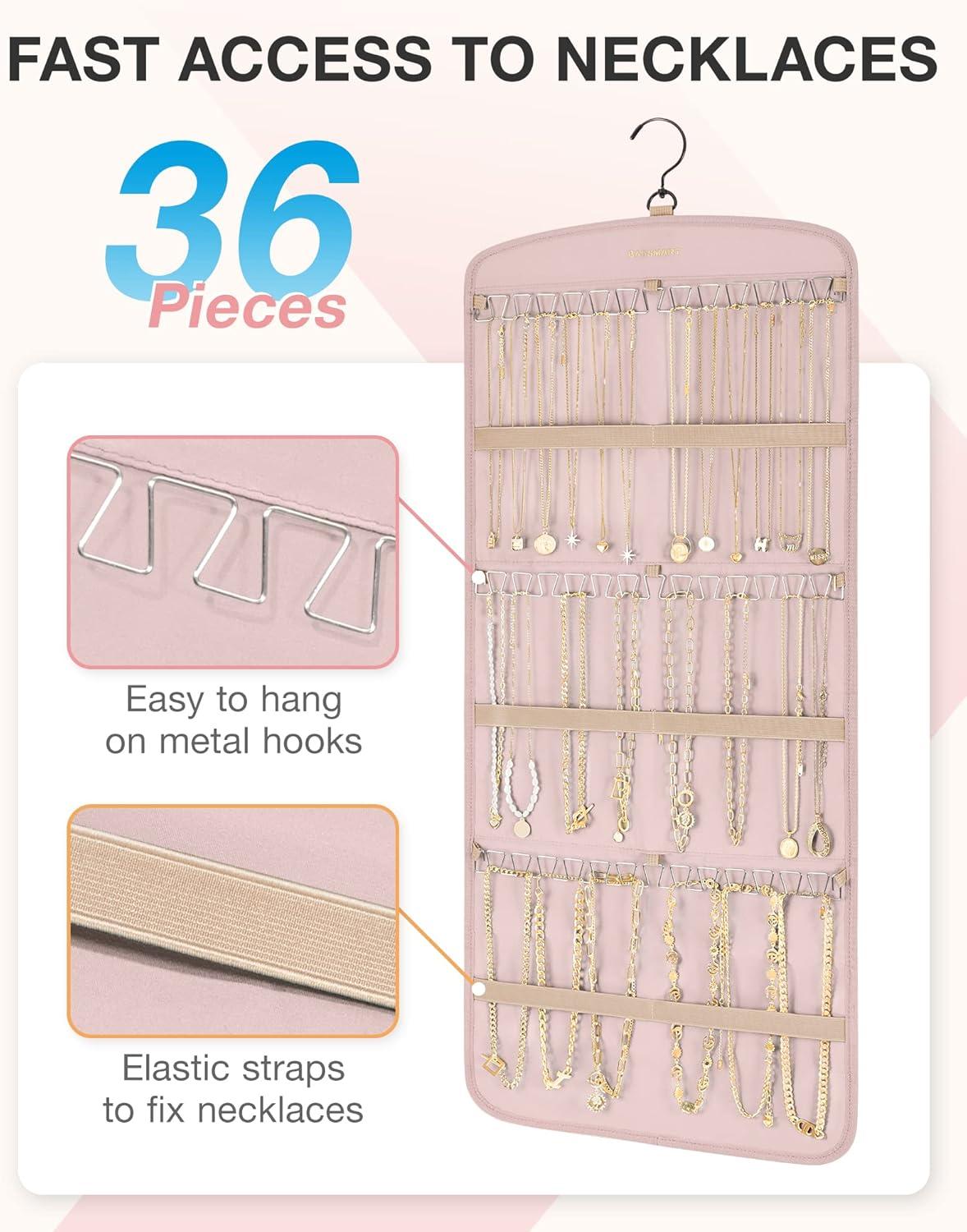 image:imageBAGSMART Hanging Jewelry Organizer Necklace Holder Antitangle Earrings Rings Hanger with 20 Jewelry Bags Travel Storage Roll with Pockets Hang on Closet Wall Door1 Piece Large BlackPink