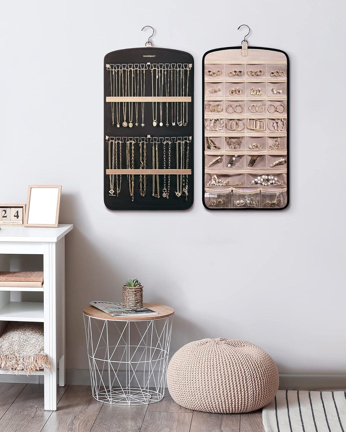 image:imageBAGSMART Hanging Jewelry Organizer Necklace Holder Antitangle Earrings Rings Hanger with 20 Jewelry Bags Travel Storage Roll with Pockets Hang on Closet Wall Door1 Piece Large BlackBlack