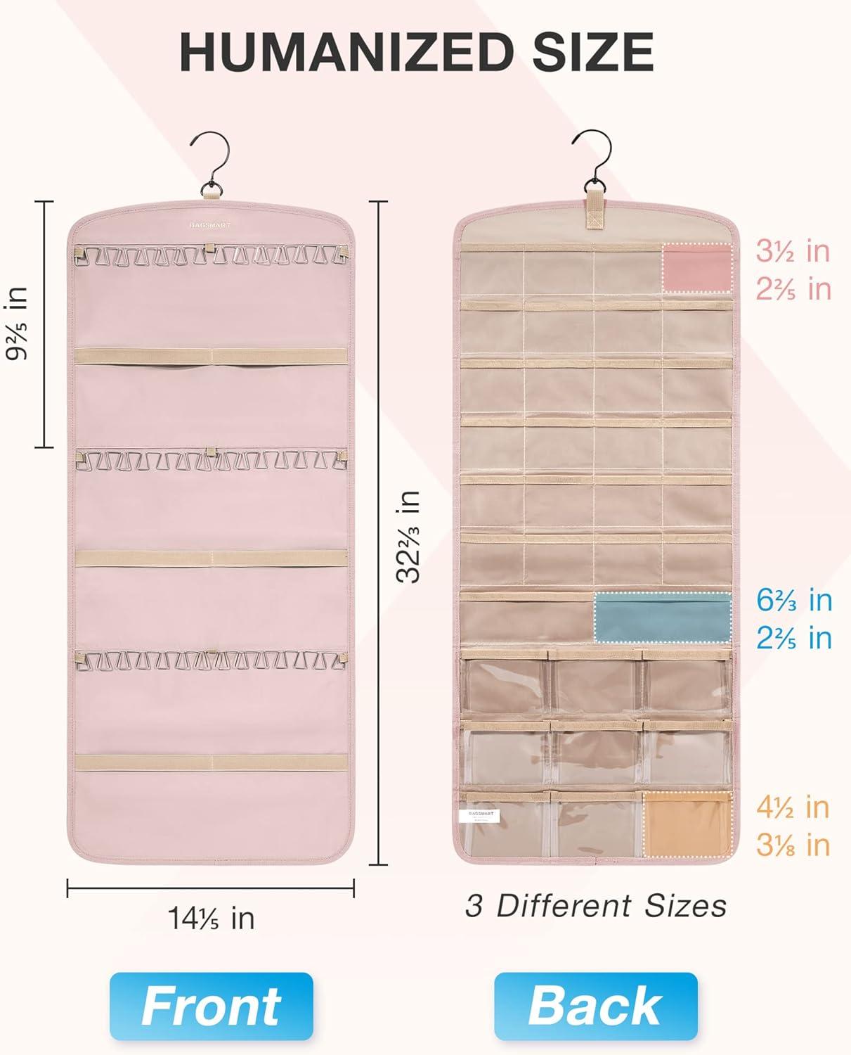image:imageBAGSMART Hanging Jewelry Organizer Necklace Holder Antitangle Earrings Rings Hanger with 20 Jewelry Bags Travel Storage Roll with Pockets Hang on Closet Wall Door1 Piece Large BlackPink