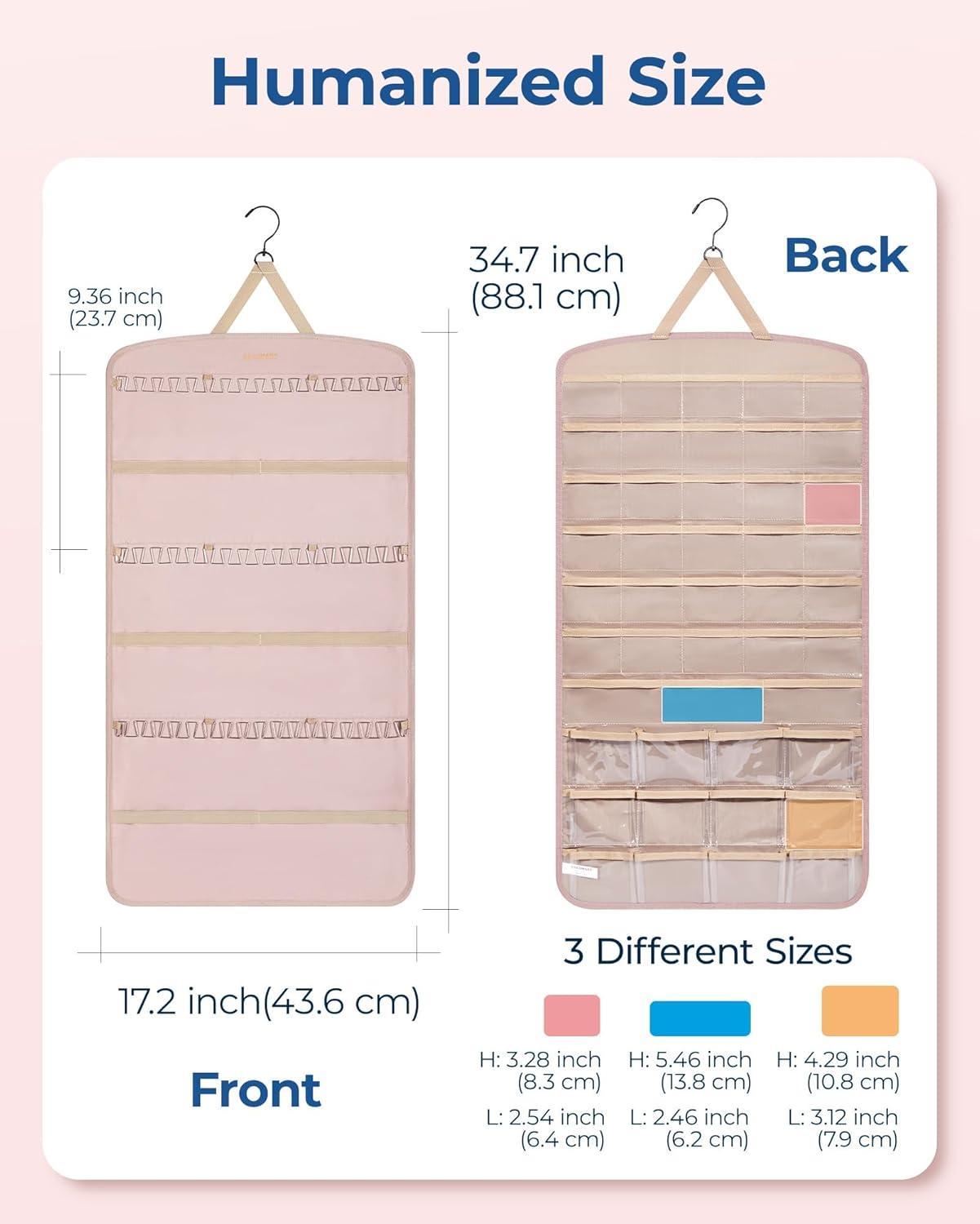 image:imageBAGSMART Hanging Jewelry Organizer Necklace Holder Antitangle Earrings Rings Hanger with 20 Jewelry Bags Travel Storage Roll with Pockets Hang on Closet Wall Door1 Piece Large BlackPink