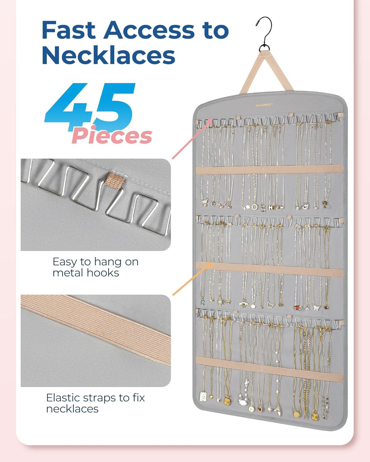 image:imageBAGSMART Hanging Jewelry Organizer Necklace Holder Antitangle Earrings Rings Hanger with 20 Jewelry Bags Travel Storage Roll with Pockets Hang on Closet Wall Door1 Piece Large BlackGrey