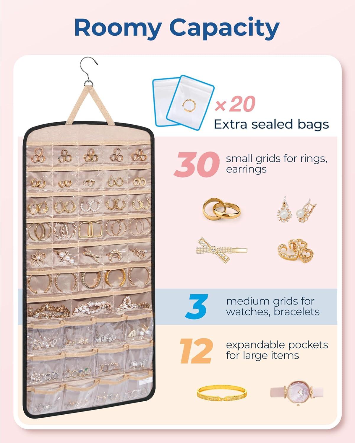 image:imageBAGSMART Hanging Jewelry Organizer Necklace Holder Antitangle Earrings Rings Hanger with 20 Jewelry Bags Travel Storage Roll with Pockets Hang on Closet Wall Door1 Piece Large BlackBlack