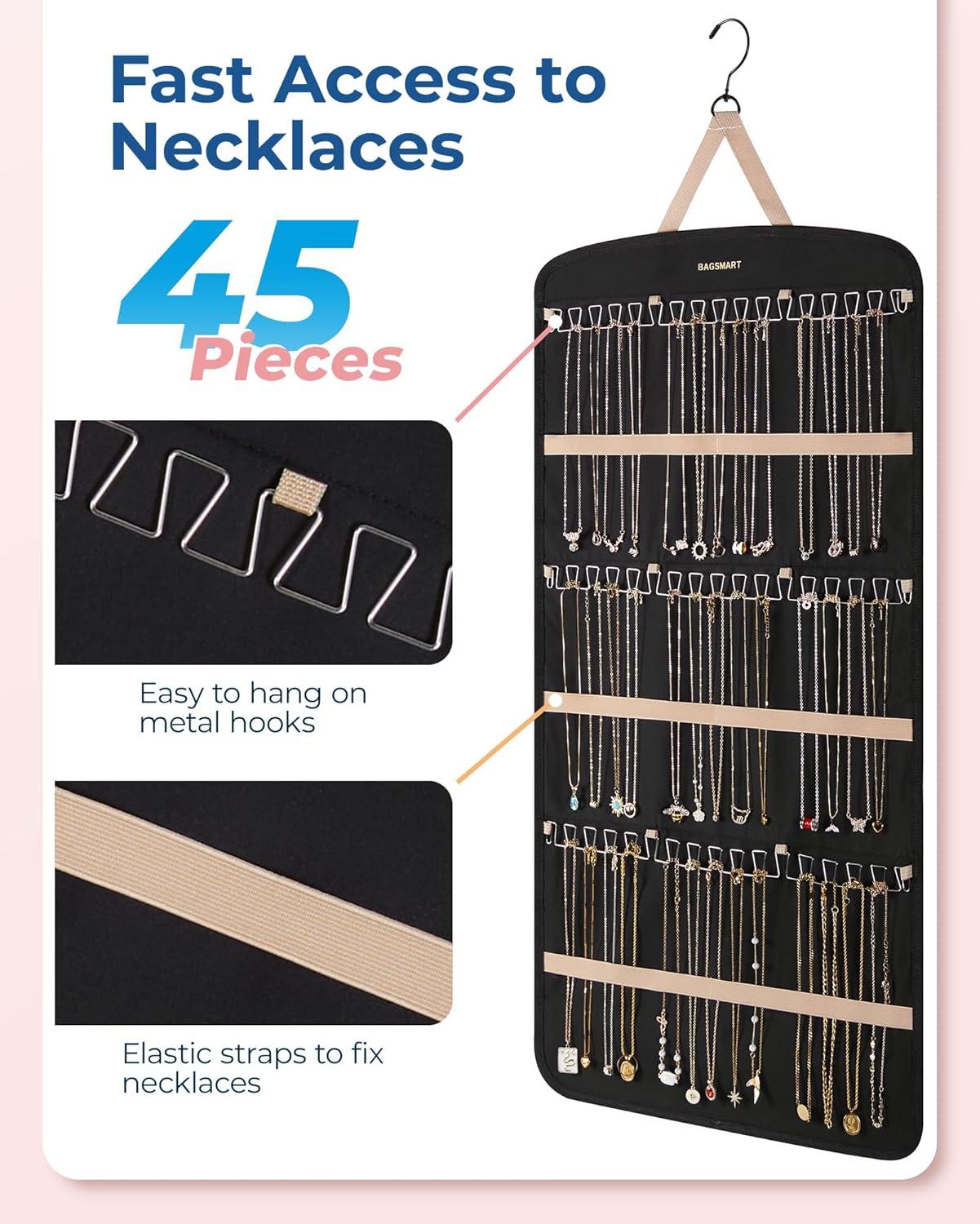 image:imageBAGSMART Hanging Jewelry Organizer Necklace Holder Antitangle Earrings Rings Hanger with 20 Jewelry Bags Travel Storage Roll with Pockets Hang on Closet Wall Door1 Piece Large BlackBlack