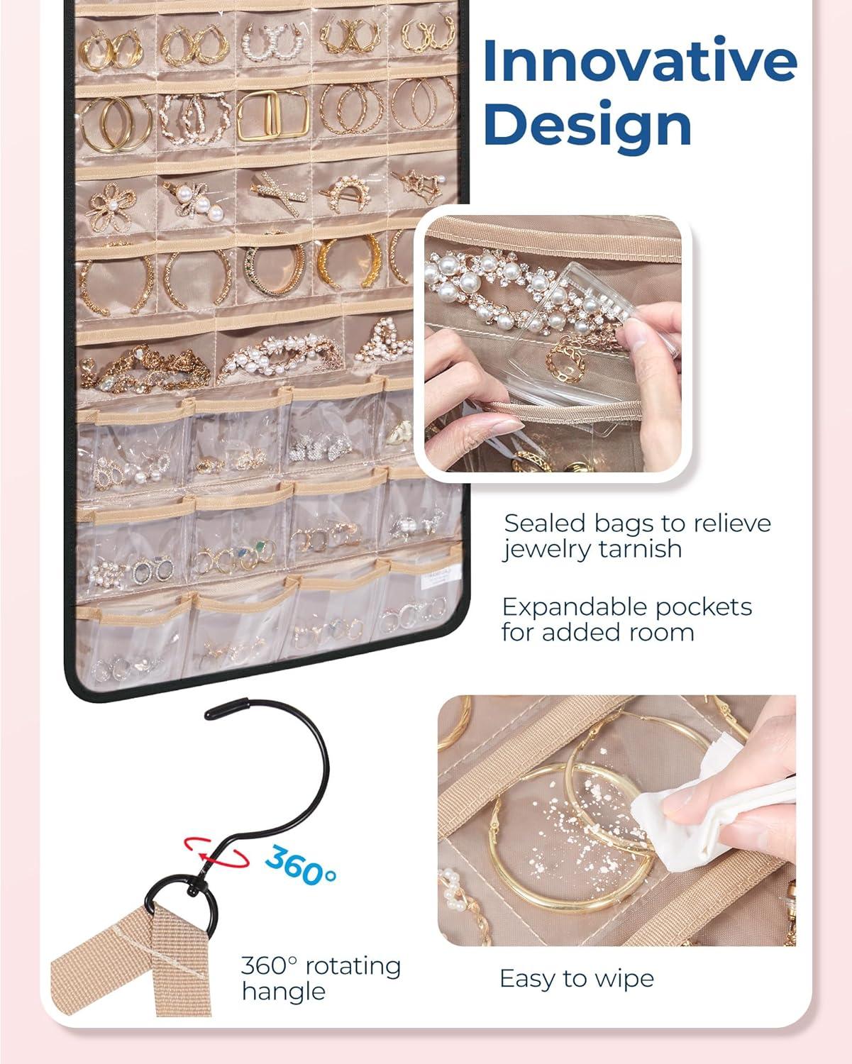 image:imageBAGSMART Hanging Jewelry Organizer Necklace Holder Antitangle Earrings Rings Hanger with 20 Jewelry Bags Travel Storage Roll with Pockets Hang on Closet Wall Door1 Piece Large BlackBlack
