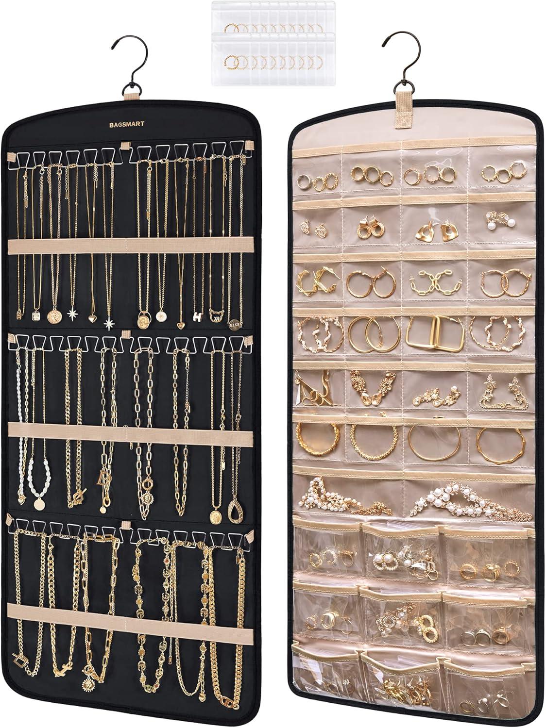 image:imageBAGSMART Hanging Jewelry Organizer Necklace Holder Antitangle Earrings Rings Hanger with 20 Jewelry Bags Travel Storage Roll with Pockets Hang on Closet Wall Door1 Piece Large BlackBlack