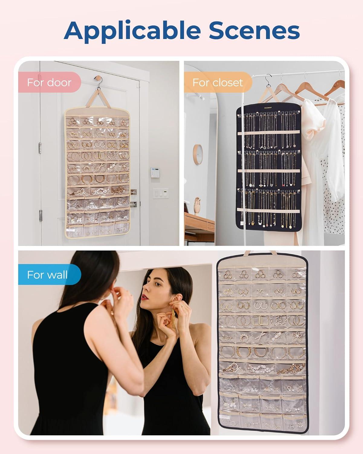 image:imageBAGSMART Hanging Jewelry Organizer Necklace Holder Antitangle Earrings Rings Hanger with 20 Jewelry Bags Travel Storage Roll with Pockets Hang on Closet Wall Door1 Piece Large BlackPink