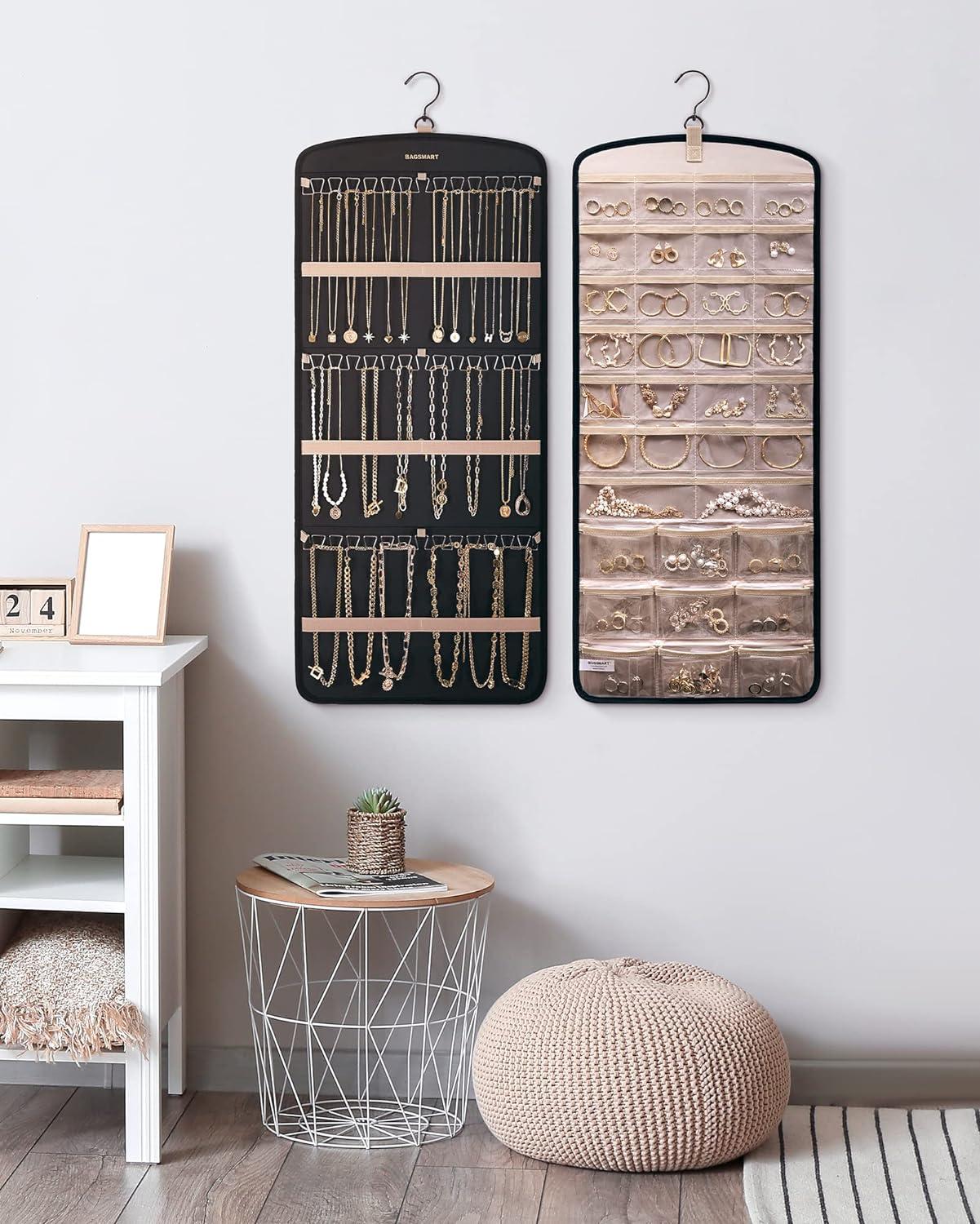 image:imageBAGSMART Hanging Jewelry Organizer Necklace Holder Antitangle Earrings Rings Hanger with 20 Jewelry Bags Travel Storage Roll with Pockets Hang on Closet Wall Door1 Piece Large BlackBlack