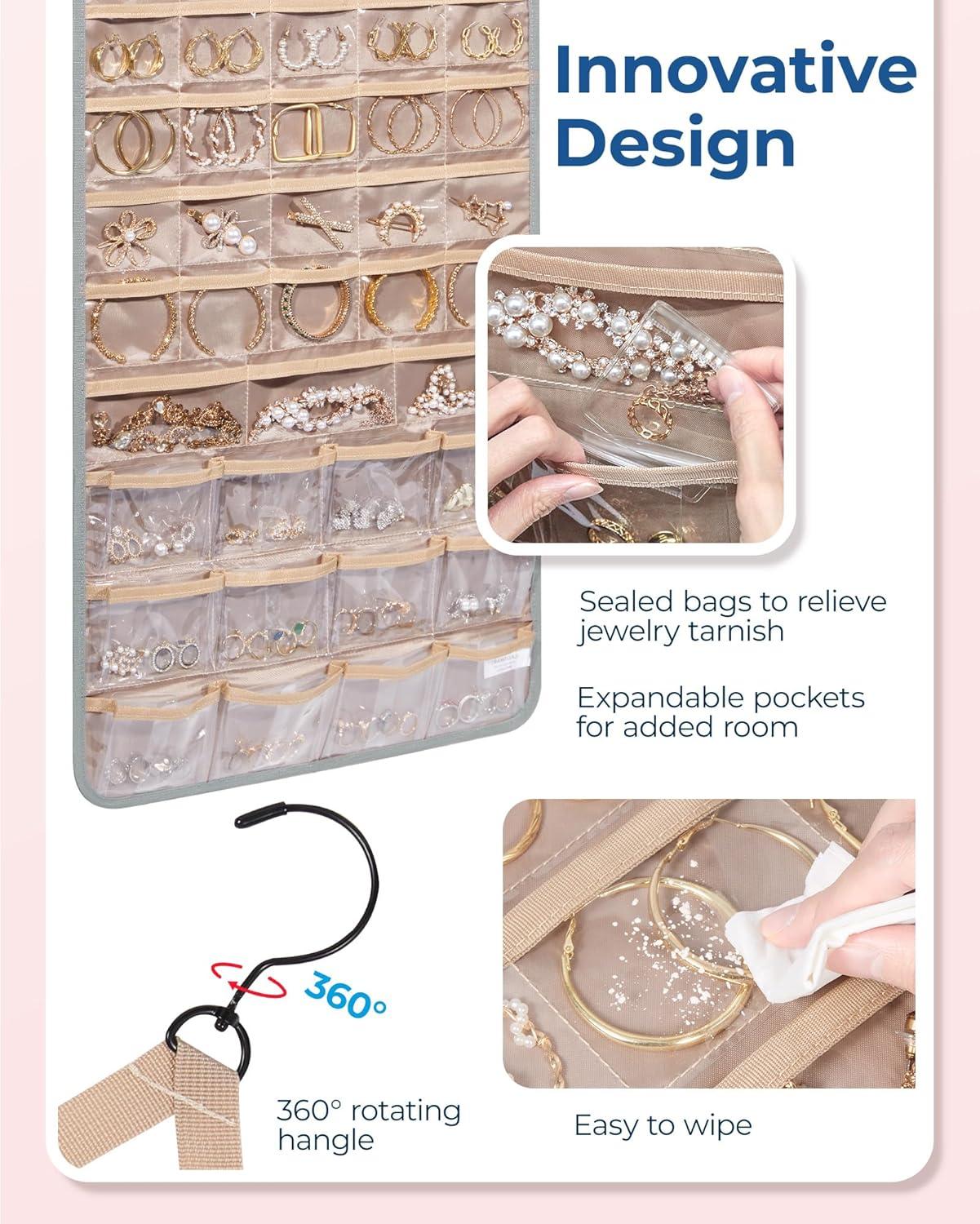 image:imageBAGSMART Hanging Jewelry Organizer Necklace Holder Antitangle Earrings Rings Hanger with 20 Jewelry Bags Travel Storage Roll with Pockets Hang on Closet Wall Door1 Piece Large BlackGrey