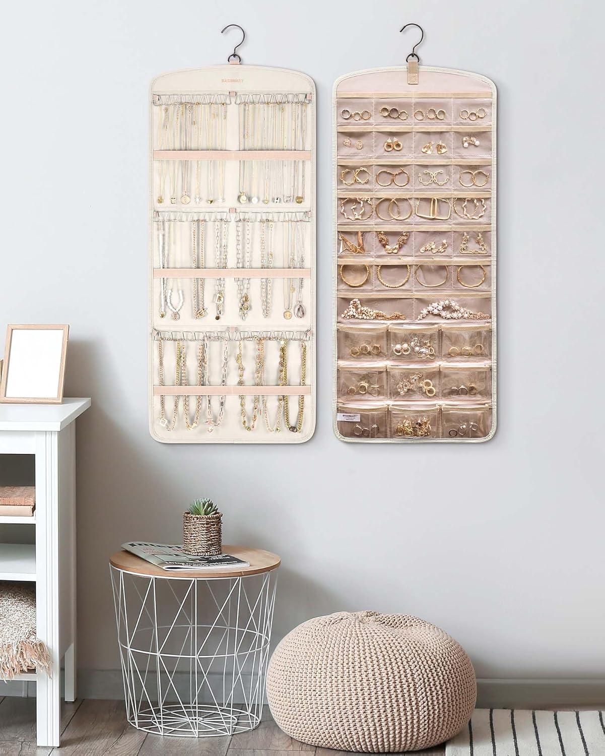 image:imageBAGSMART Hanging Jewelry Organizer Necklace Holder Antitangle Earrings Rings Hanger with 20 Jewelry Bags Travel Storage Roll with Pockets Hang on Closet Wall Door1 Piece Large BlackBeige