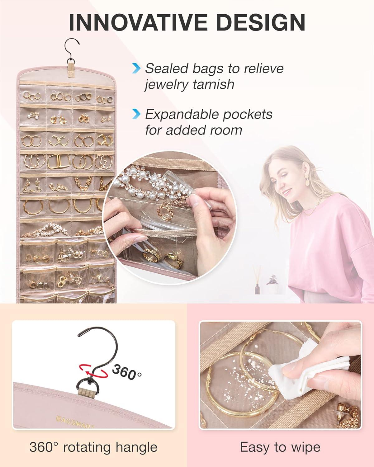 image:imageBAGSMART Hanging Jewelry Organizer Necklace Holder Antitangle Earrings Rings Hanger with 20 Jewelry Bags Travel Storage Roll with Pockets Hang on Closet Wall Door1 Piece Large BlackPink
