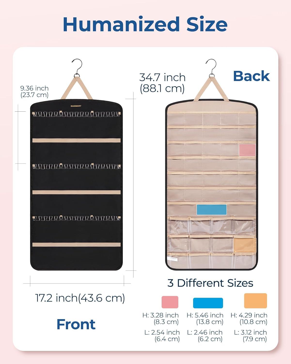 image:imageBAGSMART Hanging Jewelry Organizer Necklace Holder Antitangle Earrings Rings Hanger with 20 Jewelry Bags Travel Storage Roll with Pockets Hang on Closet Wall Door1 Piece Large BlackBlack