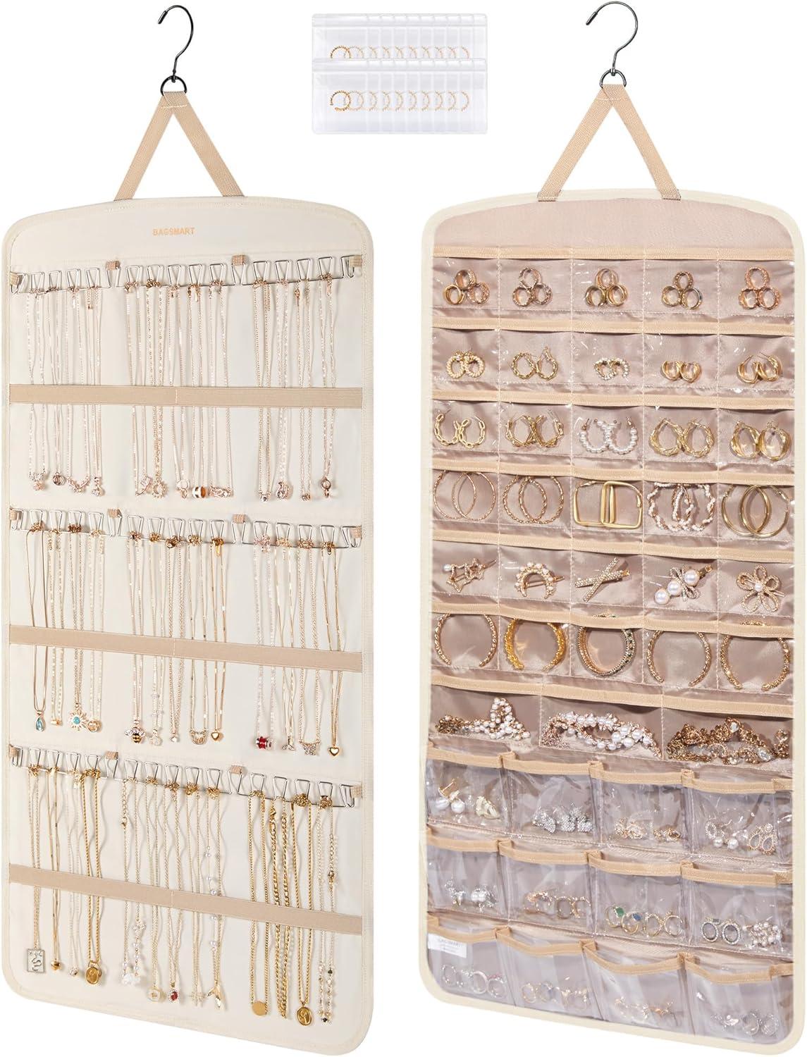image:imageBAGSMART Hanging Jewelry Organizer Necklace Holder Antitangle Earrings Rings Hanger with 20 Jewelry Bags Travel Storage Roll with Pockets Hang on Closet Wall Door1 Piece Large BlackBeige