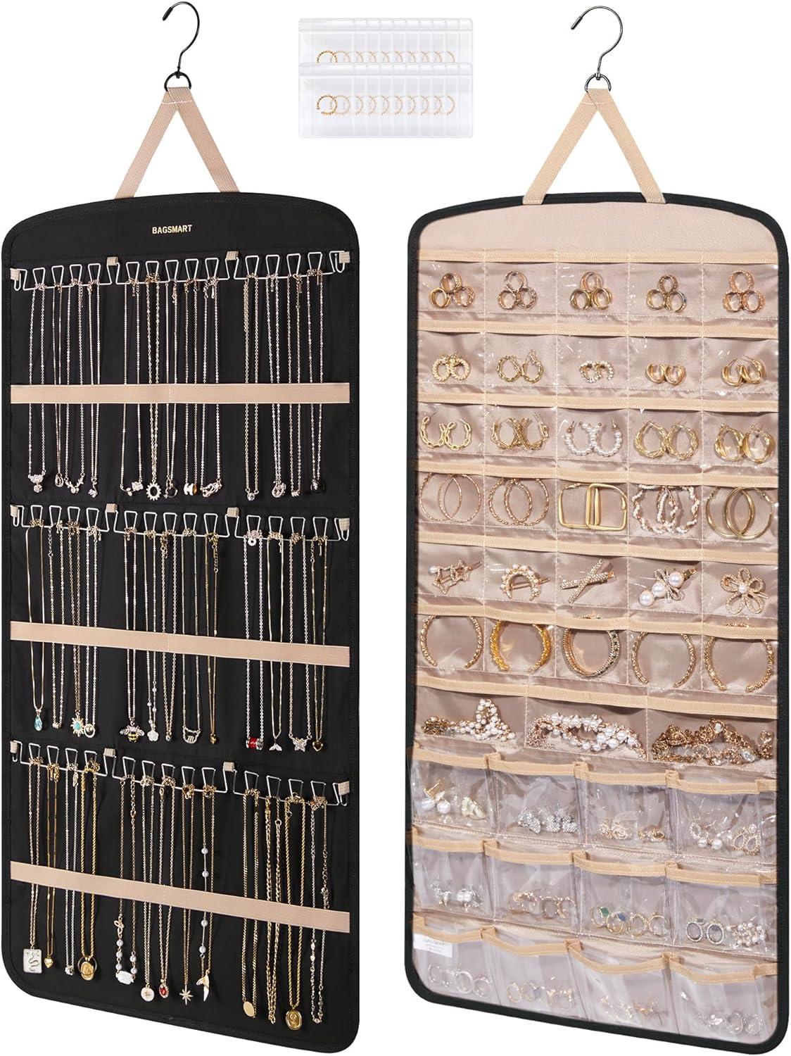 image:imageBAGSMART Hanging Jewelry Organizer Necklace Holder Antitangle Earrings Rings Hanger with 20 Jewelry Bags Travel Storage Roll with Pockets Hang on Closet Wall Door1 Piece Large BlackBlack
