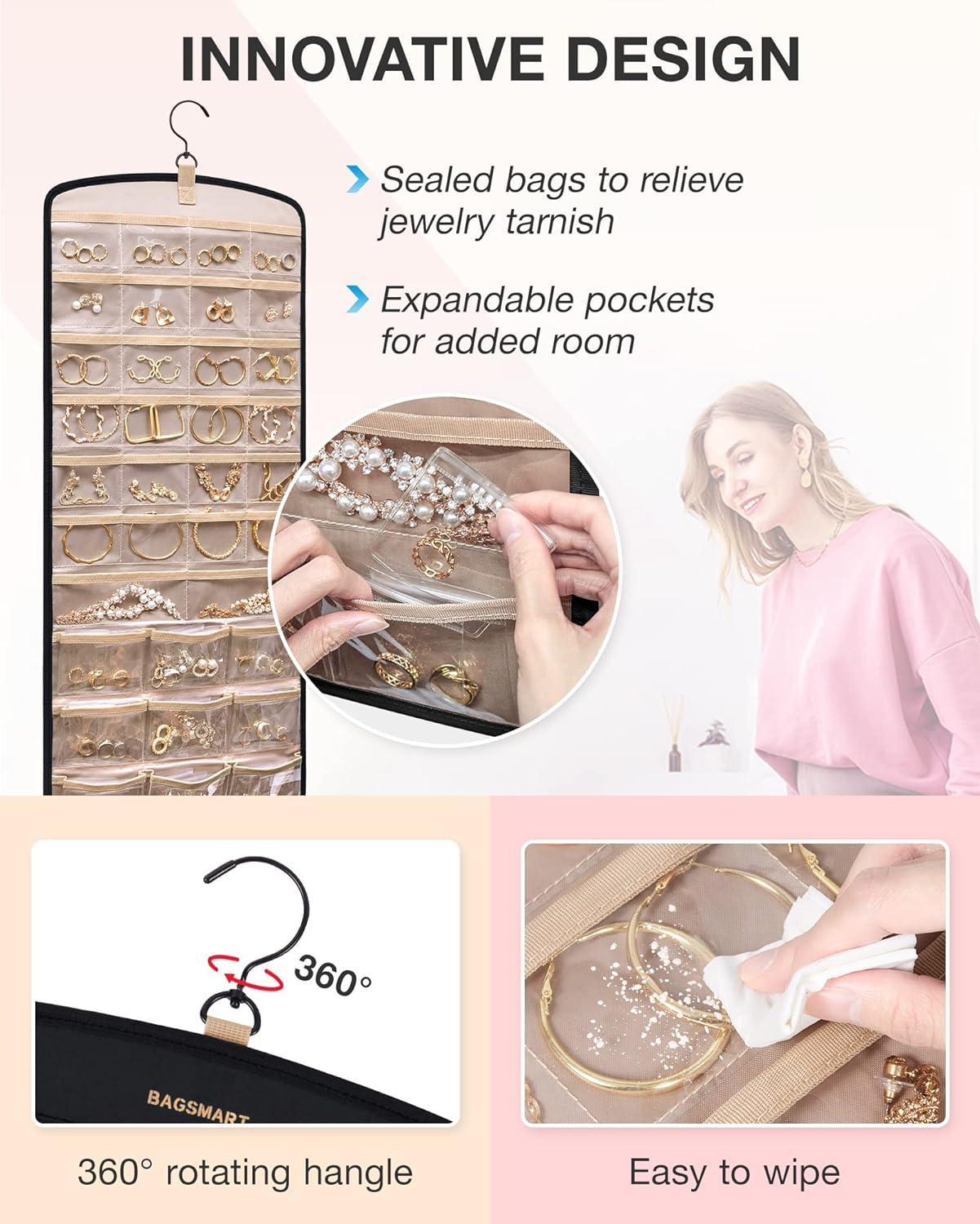 image:imageBAGSMART Hanging Jewelry Organizer Necklace Holder Antitangle Earrings Rings Hanger with 20 Jewelry Bags Travel Storage Roll with Pockets Hang on Closet Wall Door1 Piece Large BlackBlack