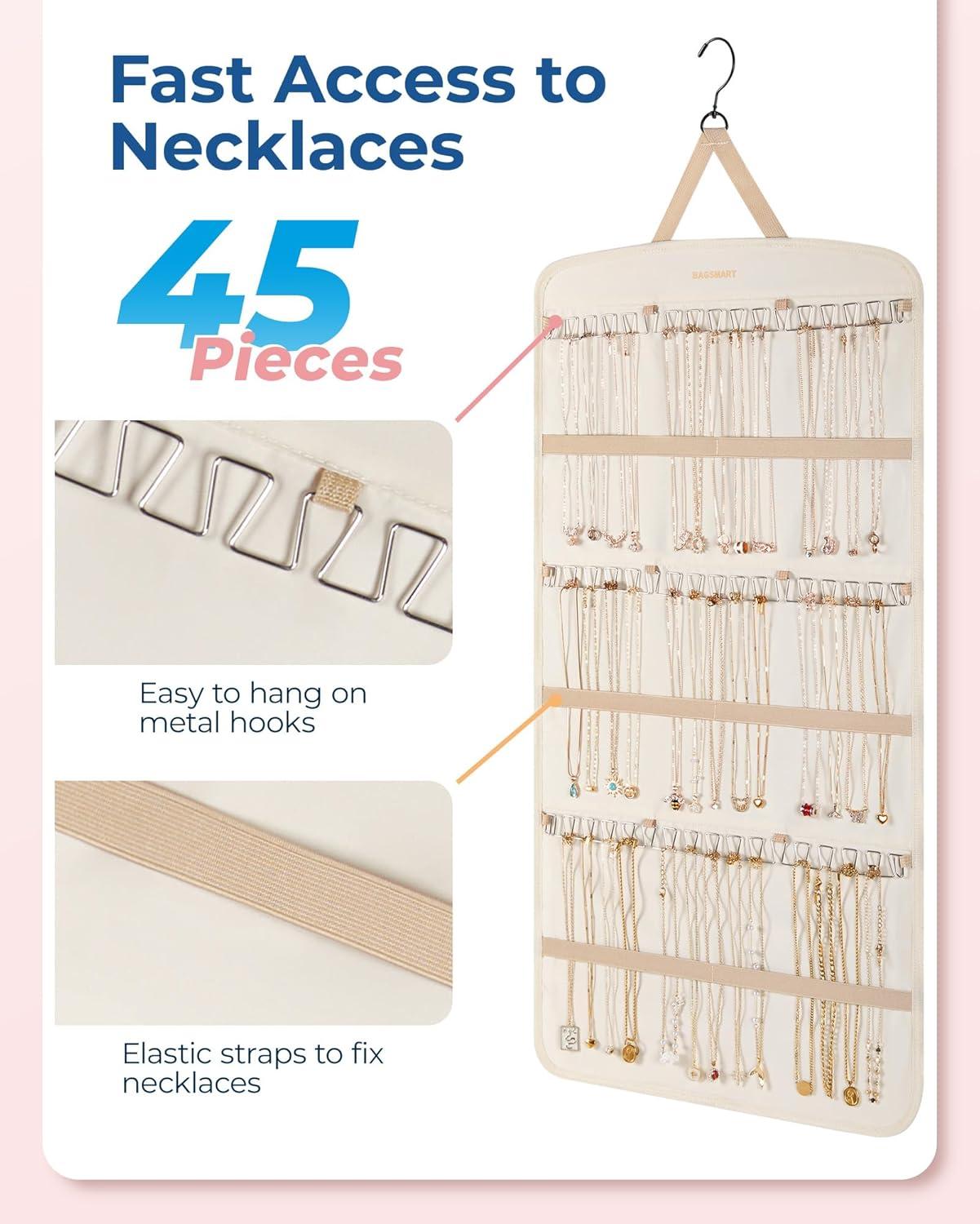 image:imageBAGSMART Hanging Jewelry Organizer Necklace Holder Antitangle Earrings Rings Hanger with 20 Jewelry Bags Travel Storage Roll with Pockets Hang on Closet Wall Door1 Piece Large BlackBeige