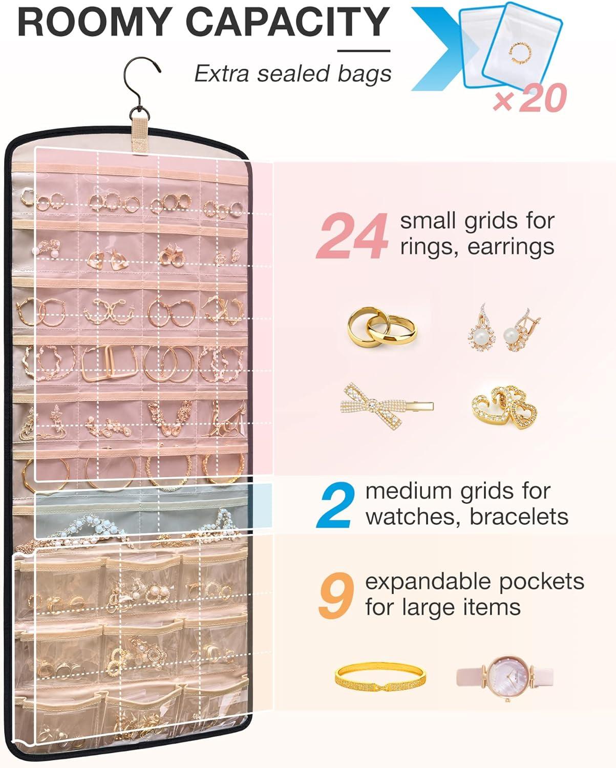 image:imageBAGSMART Hanging Jewelry Organizer Necklace Holder Antitangle Earrings Rings Hanger with 20 Jewelry Bags Travel Storage Roll with Pockets Hang on Closet Wall Door1 Piece Large BlackBlack
