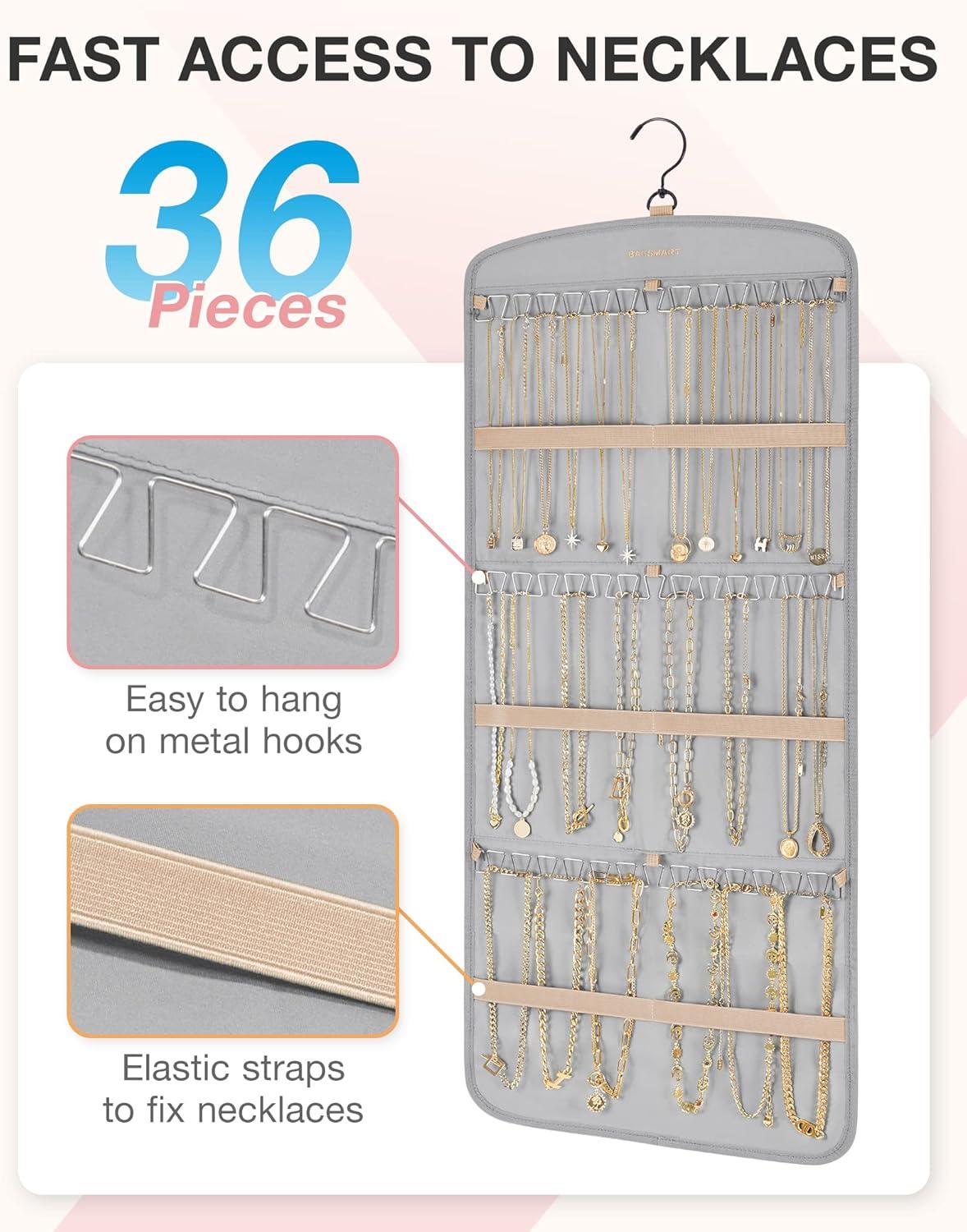 image:imageBAGSMART Hanging Jewelry Organizer Necklace Holder Antitangle Earrings Rings Hanger with 20 Jewelry Bags Travel Storage Roll with Pockets Hang on Closet Wall Door1 Piece Large BlackGrey