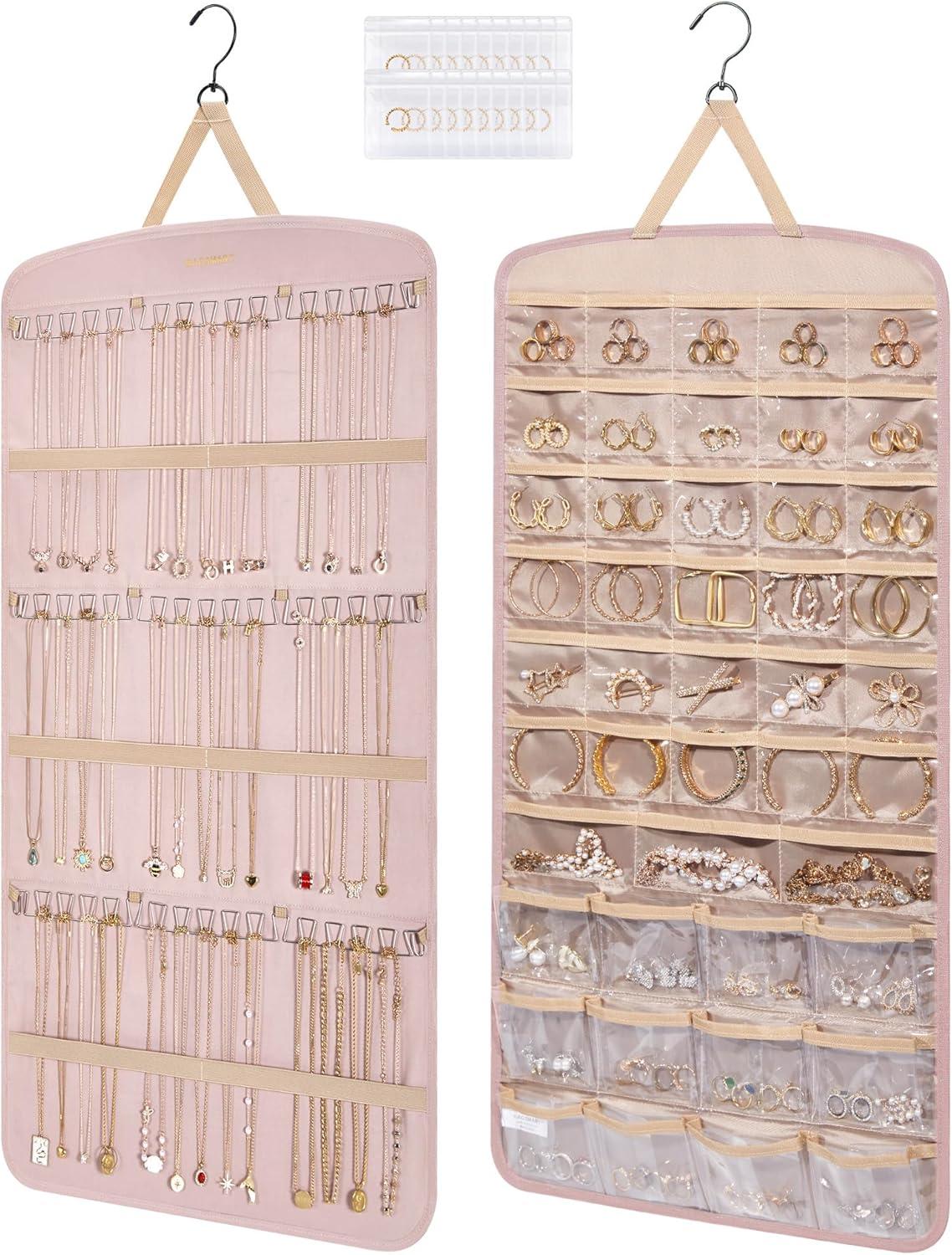 image:imageBAGSMART Hanging Jewelry Organizer Necklace Holder Antitangle Earrings Rings Hanger with 20 Jewelry Bags Travel Storage Roll with Pockets Hang on Closet Wall Door1 Piece Large BlackPink